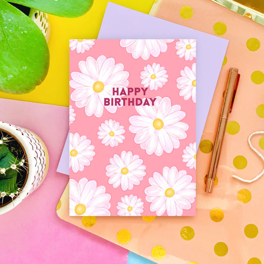 Pink Daisy Happy Birthday Greeting Card