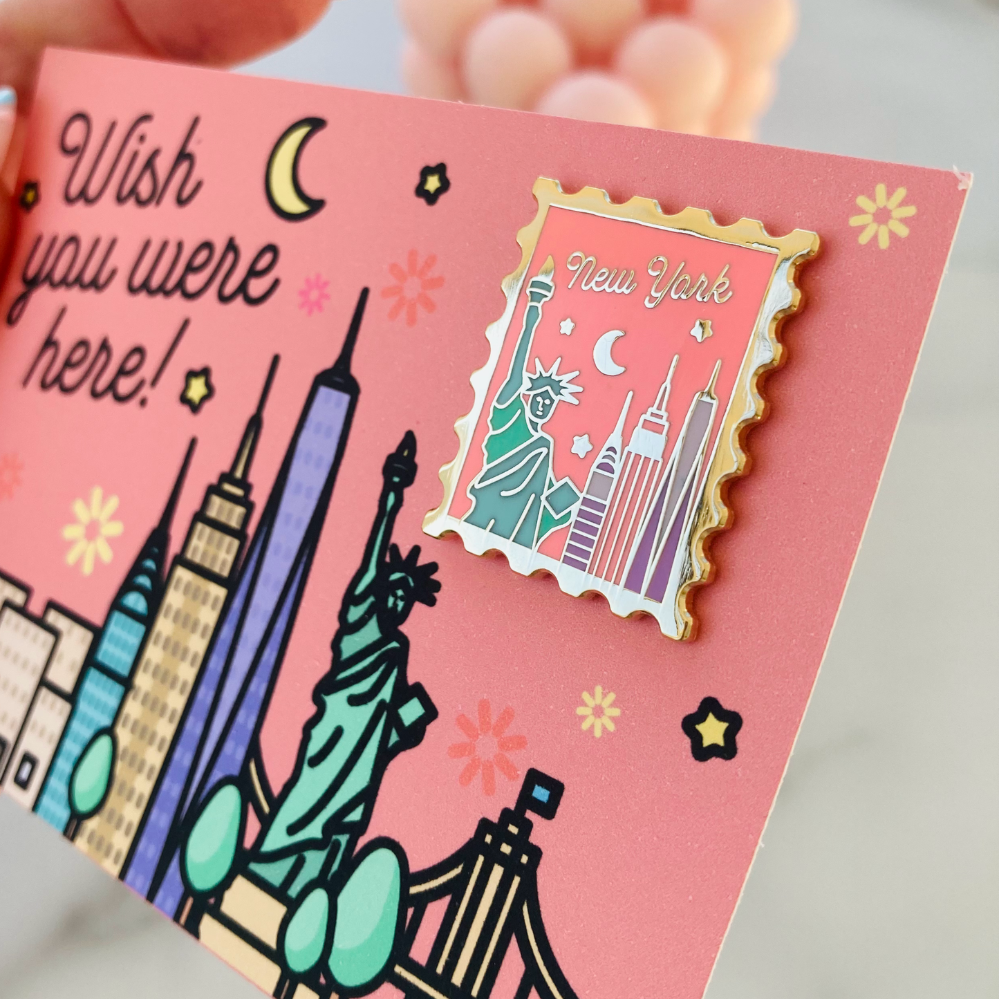 New York Wish You Were Here Gold-Plated Enamel Pin