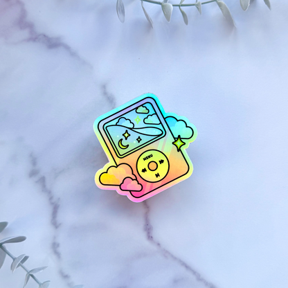 Holographic sticker with cartoon design on a marble background