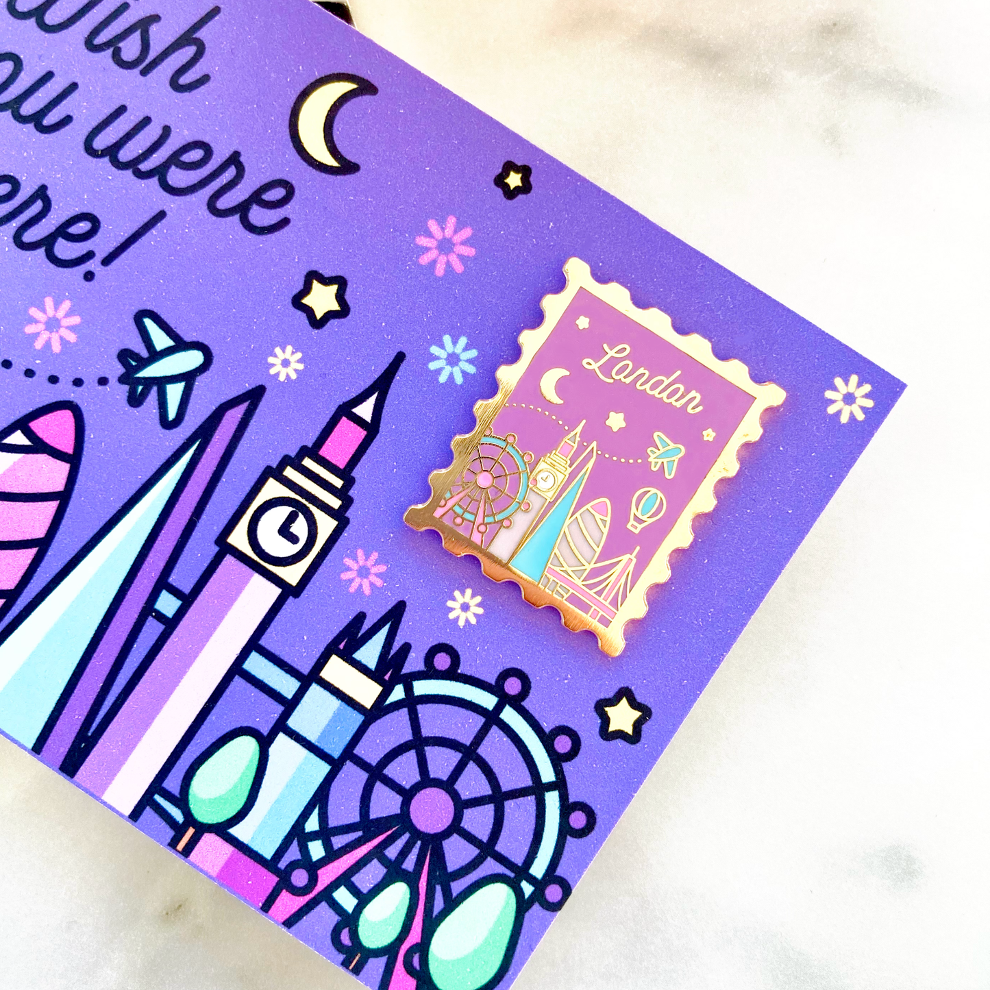 London Wish You Were Here Gold-Plated Enamel Pin