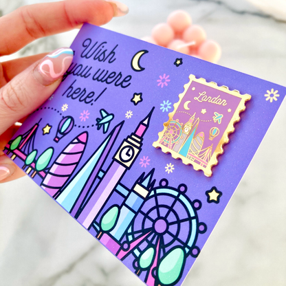 London Wish You Were Here Gold-Plated Enamel Pin