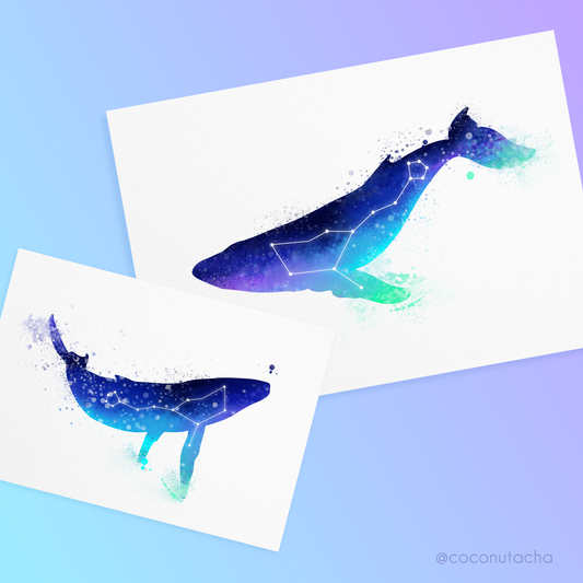 Two watercolour themed prints of a mother (or father) and baby whale. Featuring dark blues, bright greens and a hint of magenta, these are based on the nothern lights, featuring the Cetus constellation inside, also known as the Whale constellation. The mother whale is A4 size and the baby whale is A5 size.