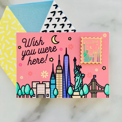 New York Wish You Were Here Gold-Plated Enamel Pin
