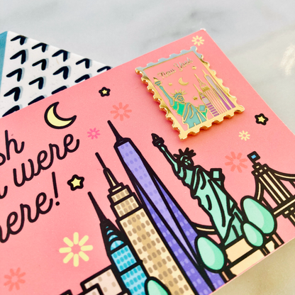 New York Wish You Were Here Gold-Plated Enamel Pin